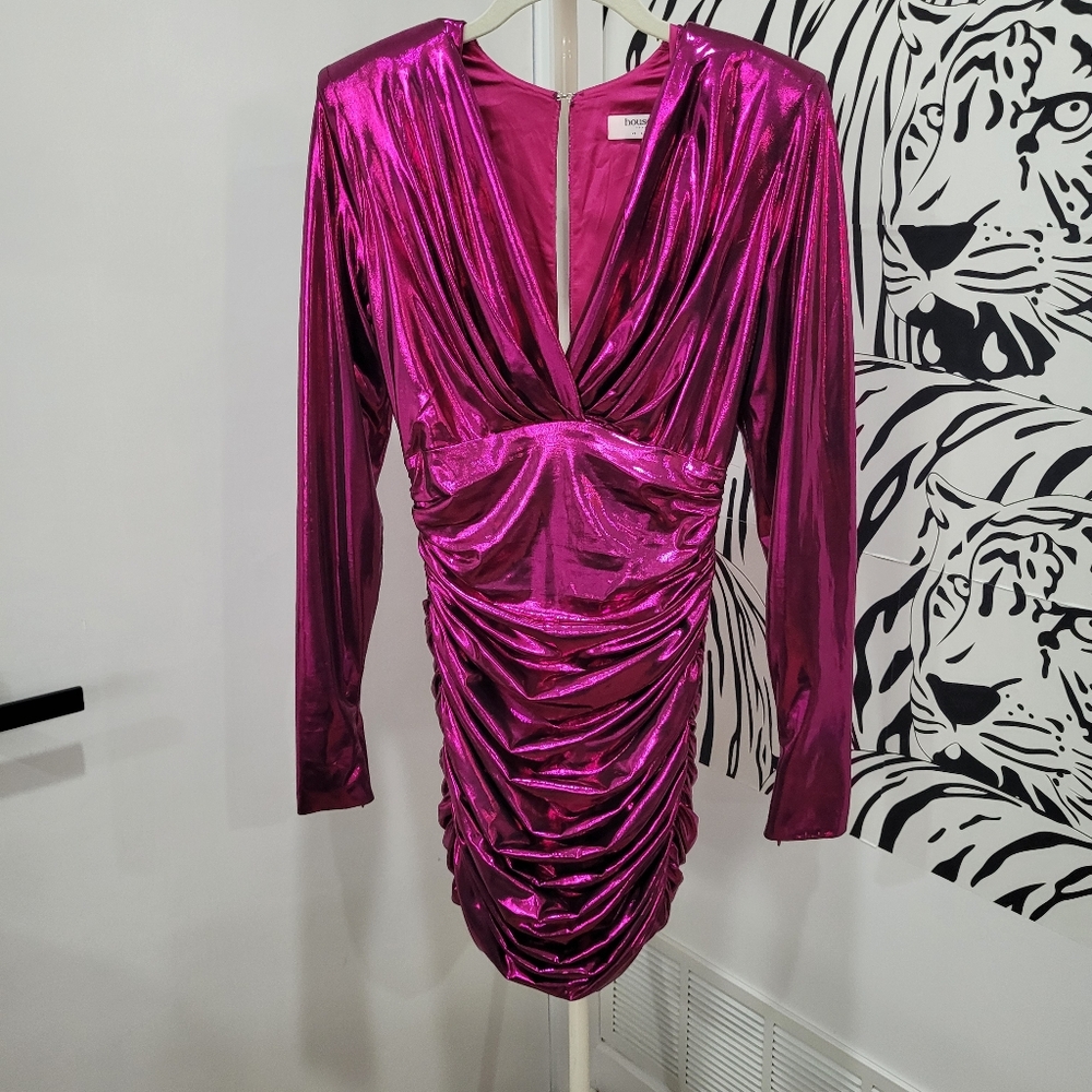 House of CB Metallic Pink Ruched Dress M
